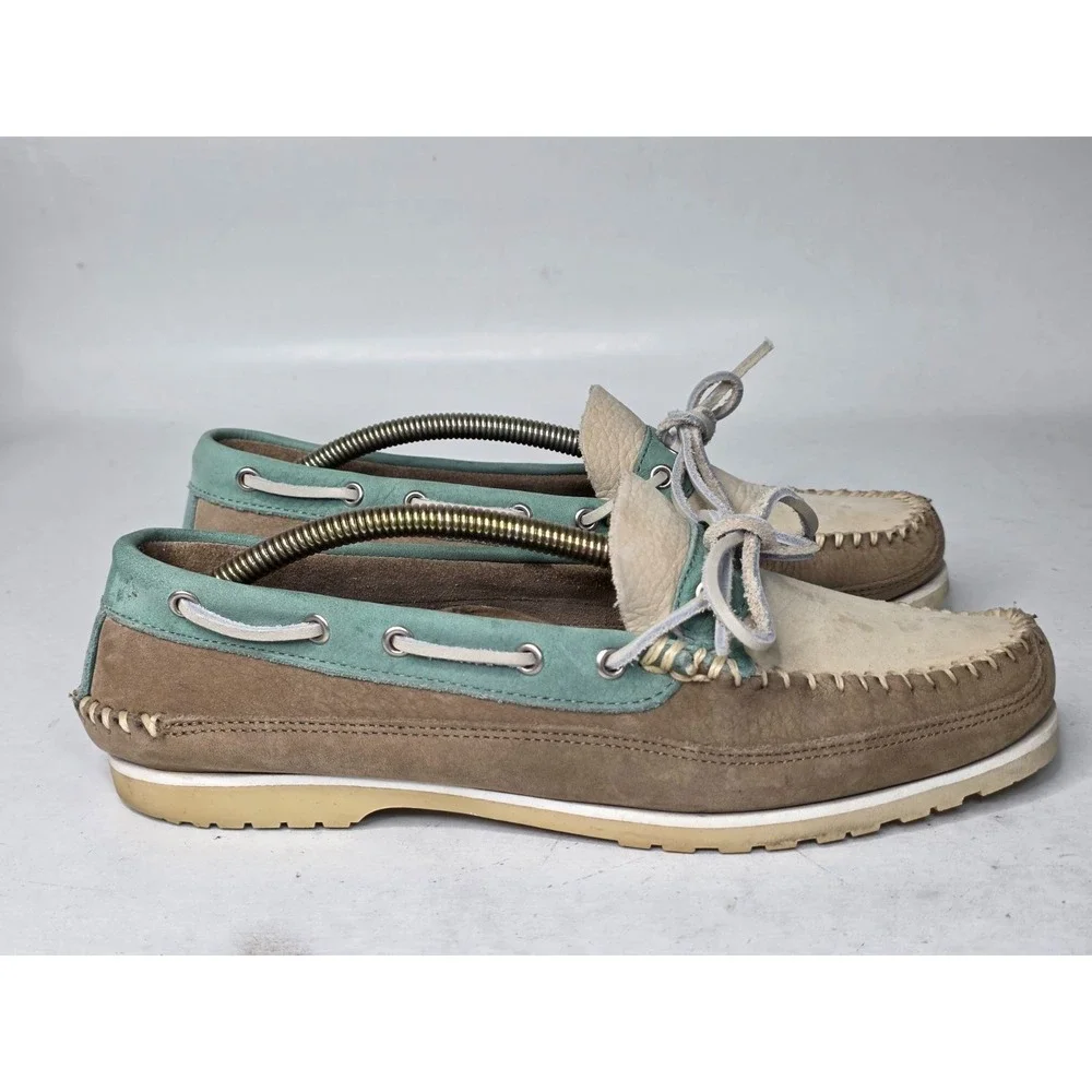 GH Bass Men's Boat Shoes Size 8.5 Brown Teal‎ Beige Suede Slip On Arch Loafers